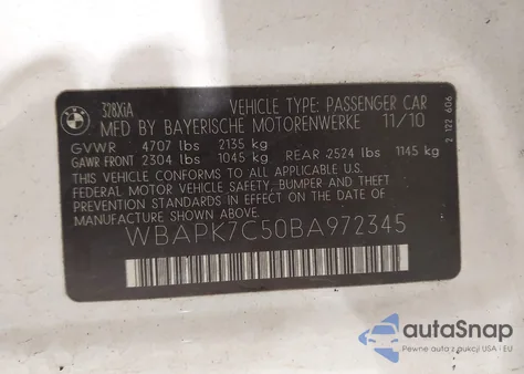 2011 BMW 328I xDrive из США, поврежденный, VIN WBAPK7C50BA972345